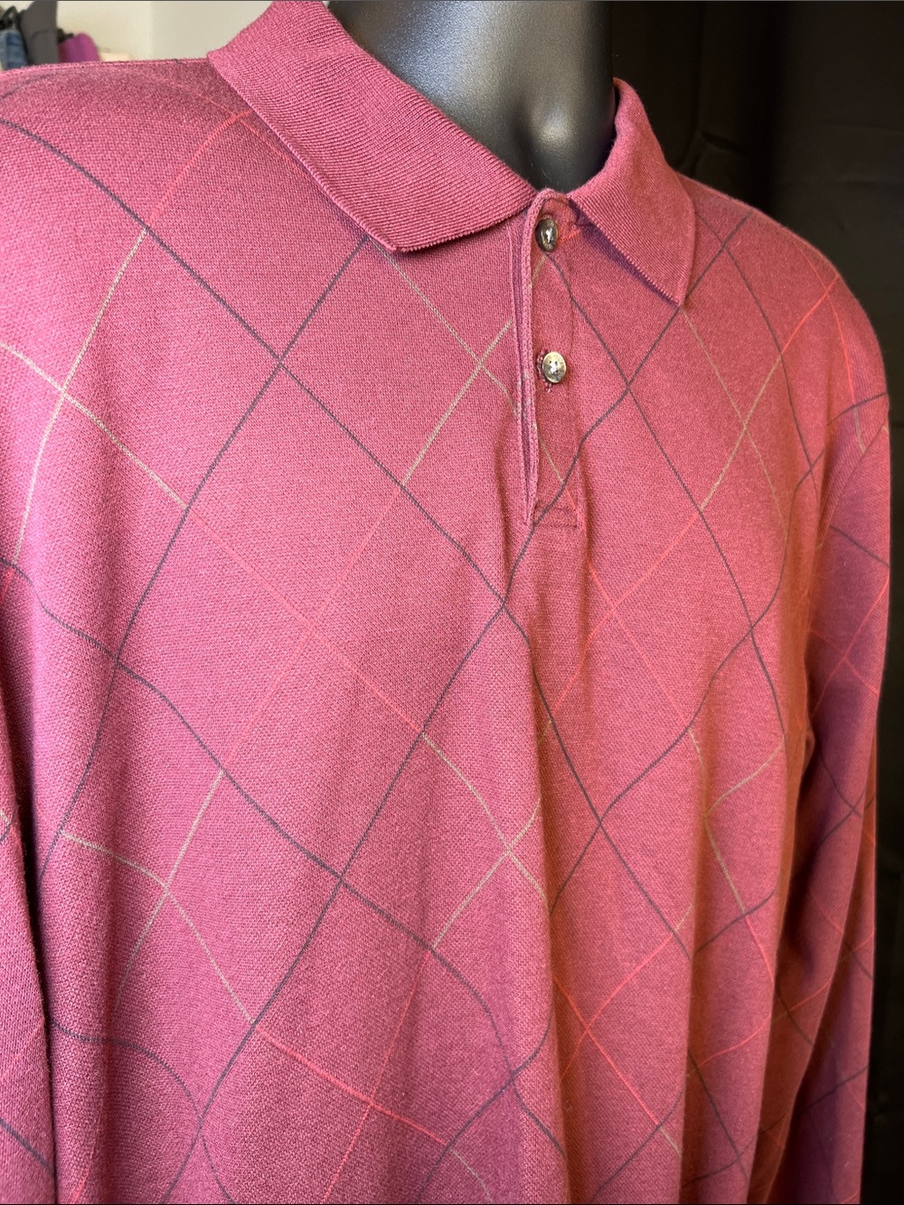 Van Heusen Maroon Long-Sleeve Polo with Subtle Argyle Lines - Picture 3 of 7